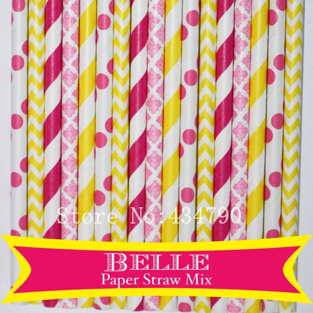 

250pcs Mixed 5 Designs Belle Themed Paper Straws-Yellow,Deep Pink,Hot Pink,Dot,Striped,Chevron,Damask,Bridal Shower,Party Straws