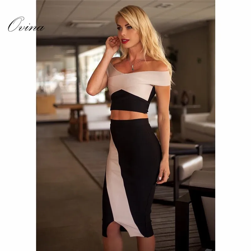 High Quality Cross Patchwork Off The Shoulder 2 Pieces Knee Length Bodycon Bandage Women Sets Clothes
High Quality Cross Patchwork Off The Shoulder 2 Pieces Knee Length Bodycon Bandage Women Sets Clothes