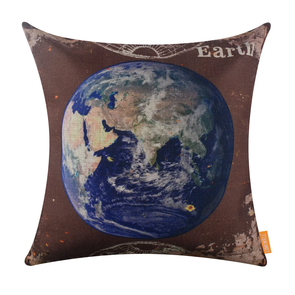 LINKWELL 18x18 inches Pillow Case Burlap Cushion Cover Vintage Brown Blue Beautiful Earth Love Globe The World Planet | Дом и сад
