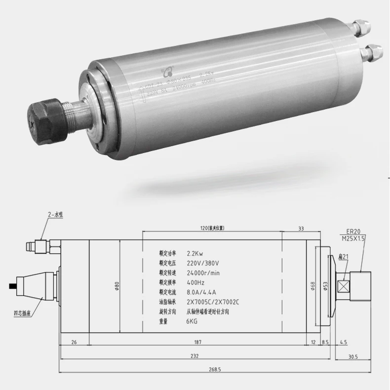 80mm diameter 220V/380V 1.5kw 8A 24000rpm ER20 engraving machine spindle motor 3 bearing high speed spindle
80mm diameter 220V/380V 1.5kw 8A 24000rpm ER20 engraving machine spindle motor 3 bearing high speed spindle