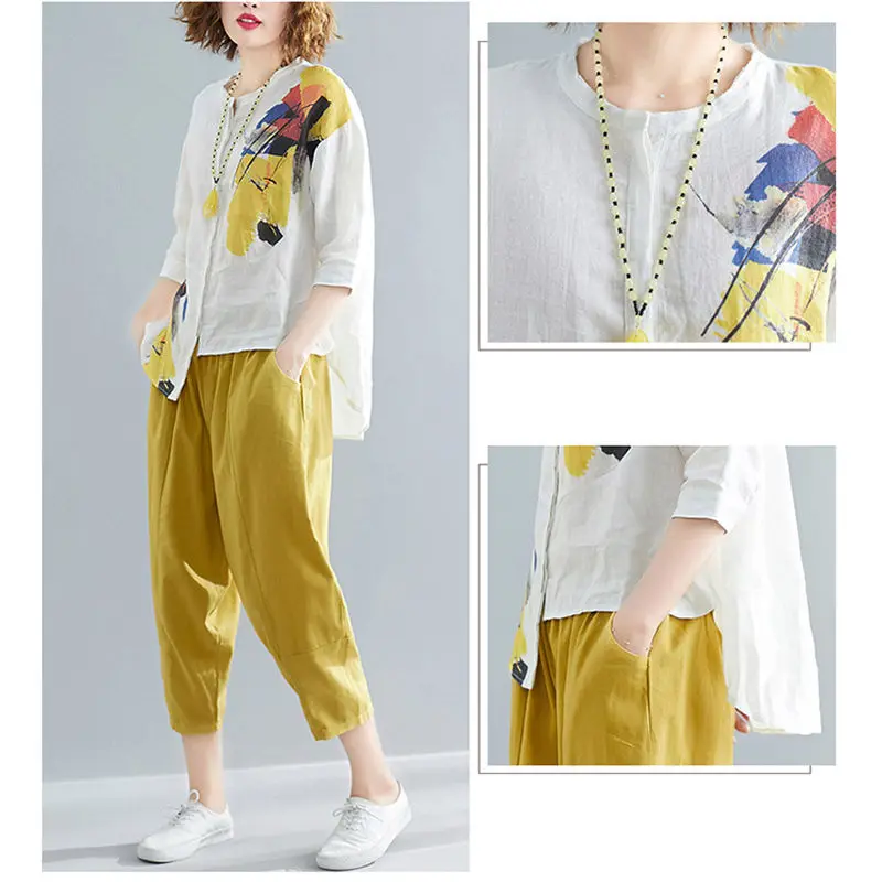 Casual Sets Loose Fashion Print Irregular Chiffon Shirt Linen Harem Wide Leg Pants Set Women Summer Elastic Waist Tracksuit f679
Casual Sets Loose Fashion Print Irregular Chiffon Shirt Linen Harem Wide Leg Pants Set Women Summer Elastic Waist Tracksuit f679