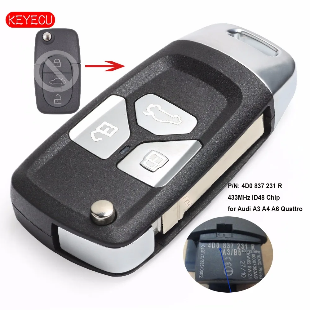 

Keyecu Upgraded Flip Remote key Fob 3 Buttons 433MHz ID48 for Audi A3 A4 A6 Quattro 1997 1998 1999 2000 2001 2002 4D0 837 231 R