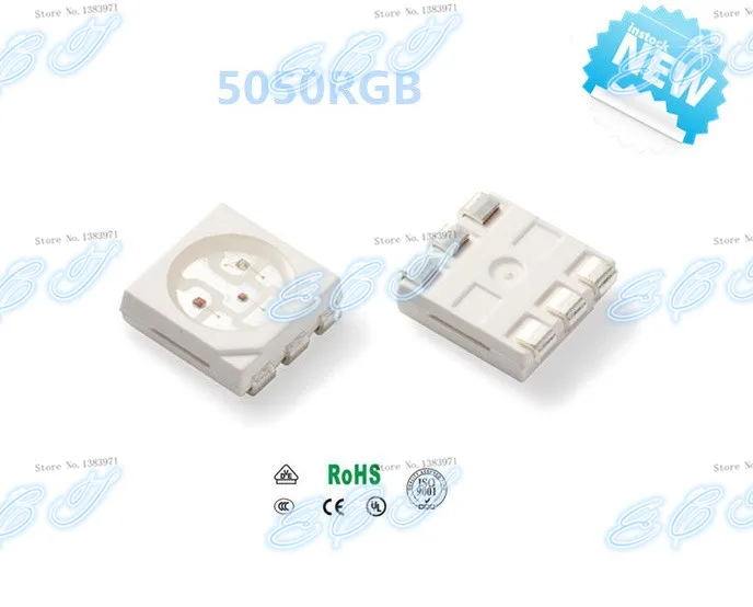 1000 шт. SMD/SMT 5050 RGB LED PLCC-6 3-CHIPS RED BLUE 300-500MCD GREEN 1000-1200MCD сверхъяркая лампа с бусинами |