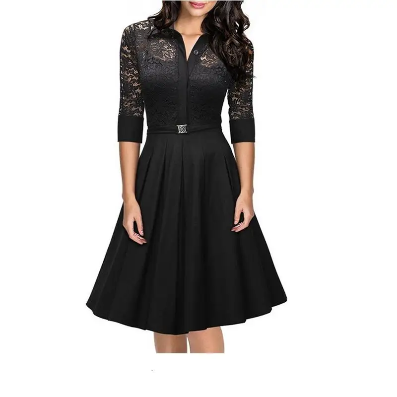 Female black lapel sultry high waist hollow solid color sweet lace stitching dress seven sleeves large dress
Female black lapel sultry high waist hollow solid color sweet lace stitching dress seven sleeves large dress