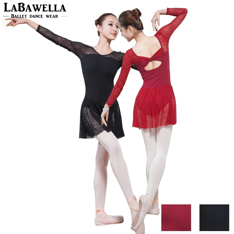 Кружевные балетные трико с длинными рукавами бордового цвета для взрослых