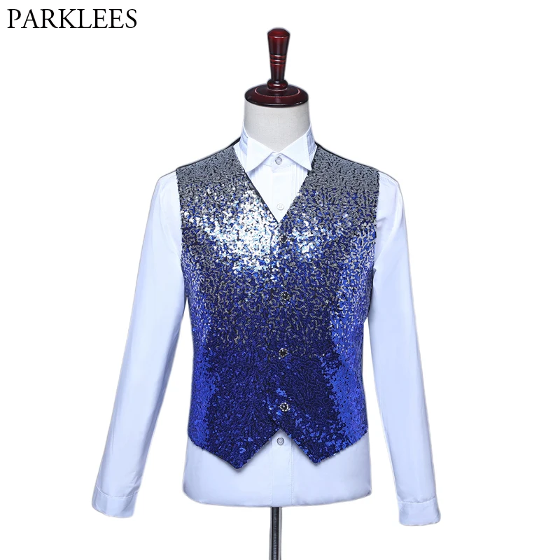 

Mens Royal Blue Sequin Vest Slim Fit V Neck Male Shiny Paillette Glitter Waistcoat Luxurious Wedding Groom DJ Singers Costumes