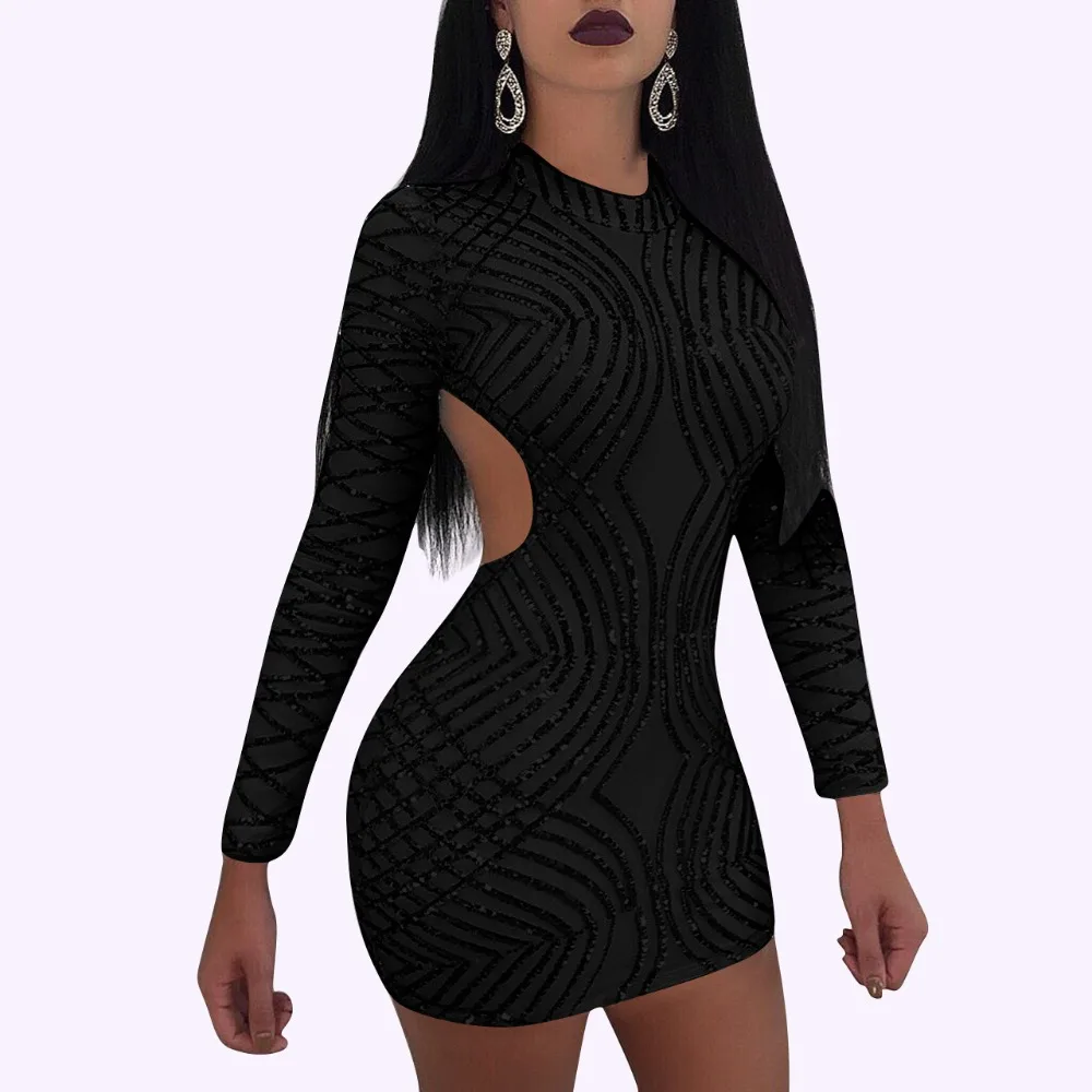 С длинным рукавом блесток посылка ночной клуб хип Bodycon Платье Vestido Curto пикантные O