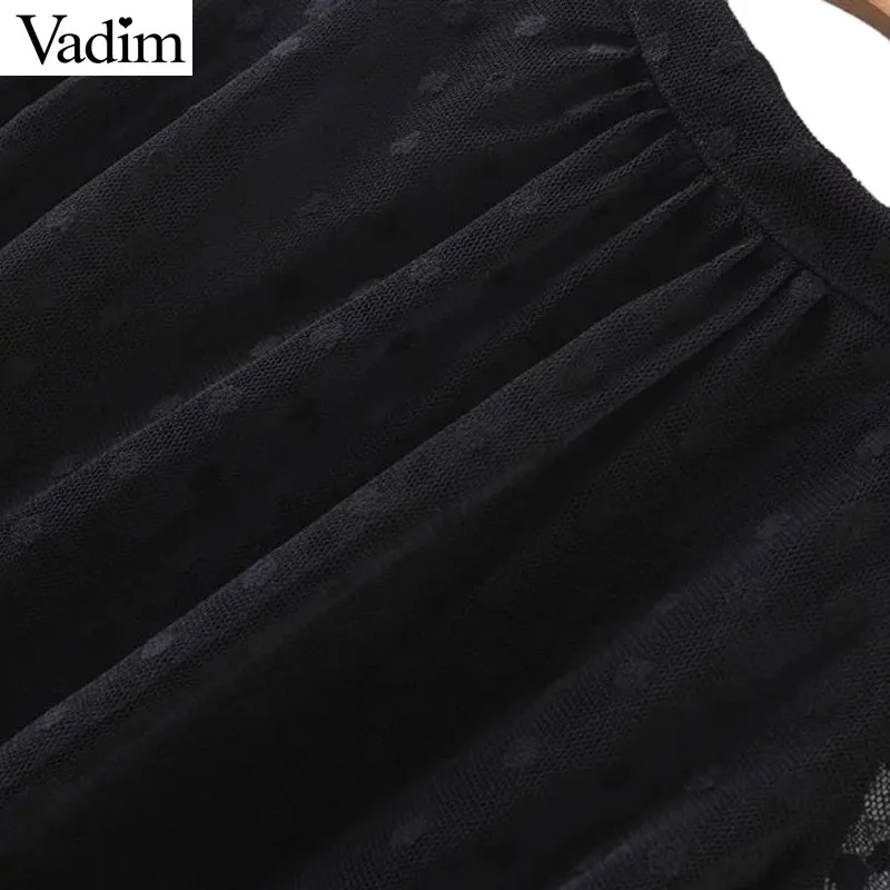 women Polka Dot sexy mesh black pleated dress long sleeve oversized back buttons loose mini vestidos QZ2797 | Женская одежда