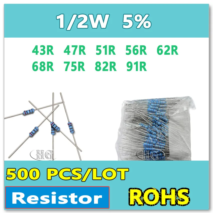JASNPROSMA 500 шт./лот 5% 1/2W 43R 47R 51R 56R 62R 68R 75R 82R 91R карбоновая пленка DIP OHM Резистор
JASNPROSMA 500 шт./лот 5% 1/2W 43R 47R 51R 56R 62R 68R 75R 82R 91R карбоновая пленка DIP OHM Резистор