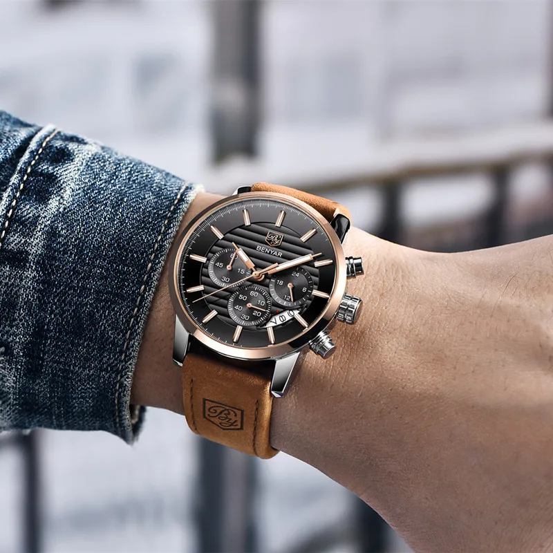 Fashion Analog Leather Strap Mens Waterproof Watches Clock 2020 BENYAR New Luxury Men Chronograph Quartz Watch Relogio Masculino
Fashion Analog Leather Strap Mens Waterproof Watches Clock 2020 BENYAR New Luxury Men Chronograph Quartz Watch Relogio Masculino