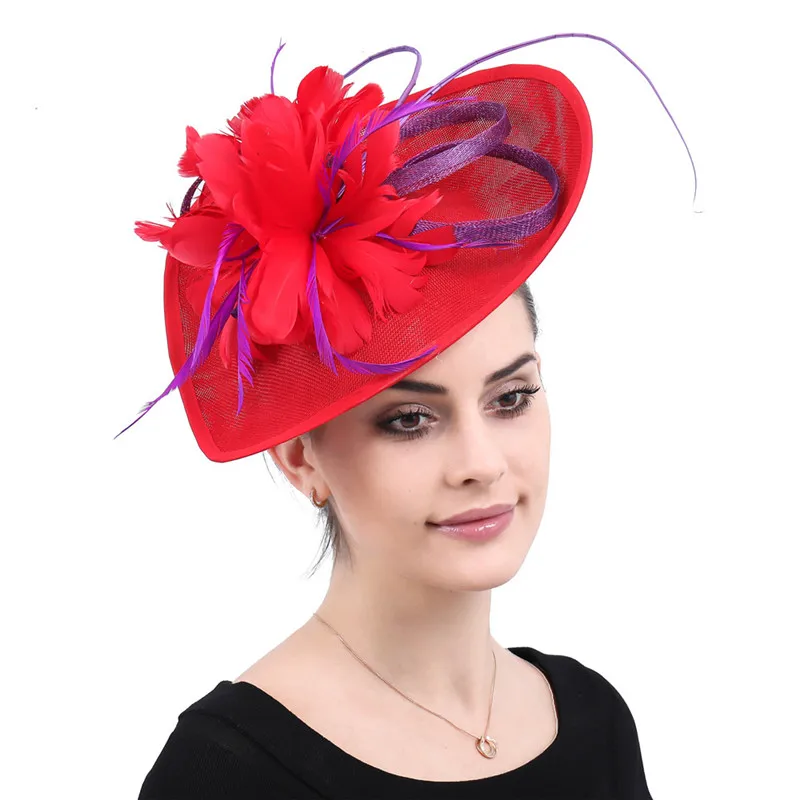 

Красные Kenducky Дерби головные уборы Коктейльные перья вуалетки Шляпы свадебные шапки шляпки женские элегантные аксессуары для волос
