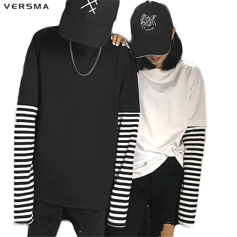 VERSMA 2017 Korean Harajuku Black white Striped Hip Hop T-shirts Men Women Autumn Fake Two Piece Extra Long Sleeve Loose T Shirt
VERSMA 2017 Korean Harajuku Black white Striped Hip Hop T-shirts Men Women Autumn Fake Two Piece Extra Long Sleeve Loose T Shirt