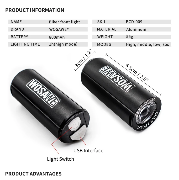 WOSAWE Bike Light Waterproof Aluminum USB Charging Smart Cycling Bicycle Flashlight Warning Light LED Front Lights and Taillight
WOSAWE Bike Light Waterproof Aluminum USB Charging Smart Cycling Bicycle Flashlight Warning Light LED Front Lights and Taillight