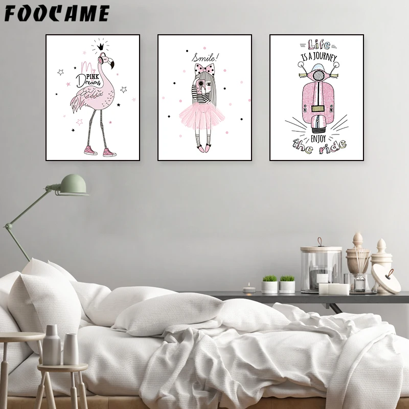 FOOCAME Flamingo Pink Girl Motorcycle Nordic Posters and Prints Nursery Wall Art Canvas Painting Decoration Pictures Kids Room | Дом и сад
