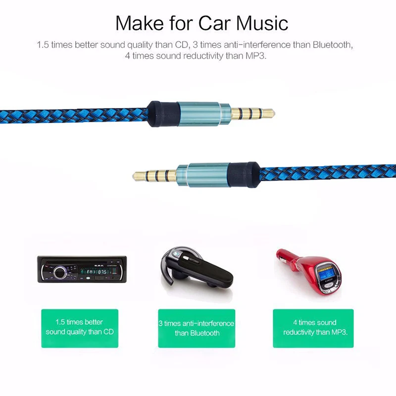 Universal 3.5mm Male To Male Aux Audio Stereo Cable Nylon Braided Audio Cable