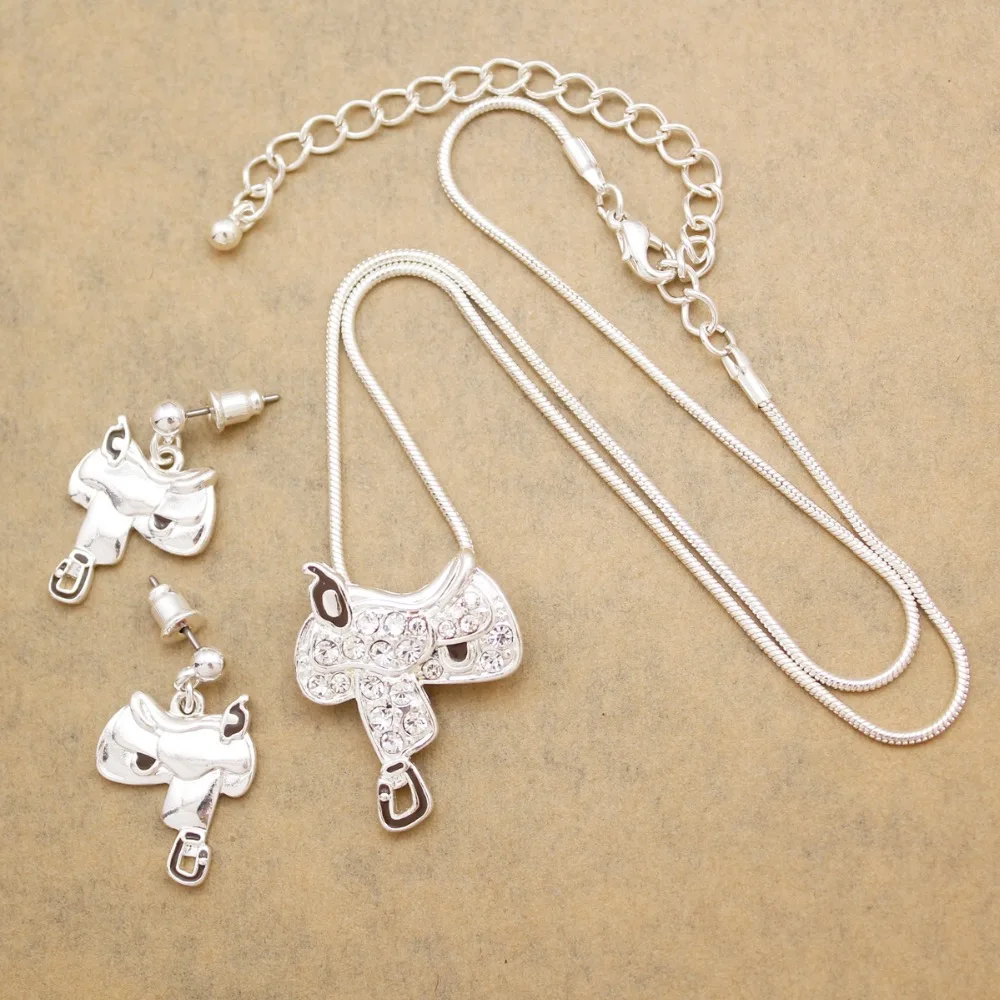 Western Texas Cowgirl Horse Saddle Crystal Rodeo Snake Chain Drop Dangle Earrings Pendant Necklace Set Jewelry Droshipping | Украшения и