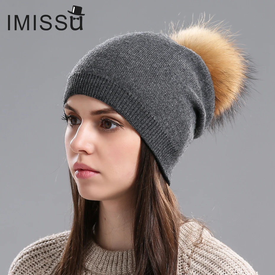 

IMISSU Winter Women's Hats Real Wool Knitted Casual Beanie with Raccoon Fur Pompom Solid Colors Pom Pom Hat Gorros Casquette Cap