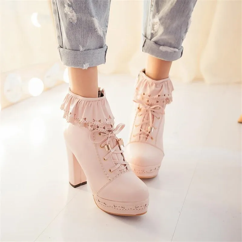 Women Boots Thick High Heels Lace Up Side Zip Ankle Boots Fashion PU Leather Botas Women Autumn Winter Lolita Shoes Large Size
Women Boots Thick High Heels Lace Up Side Zip Ankle Boots Fashion PU Leather Botas Women Autumn Winter Lolita Shoes Large Size