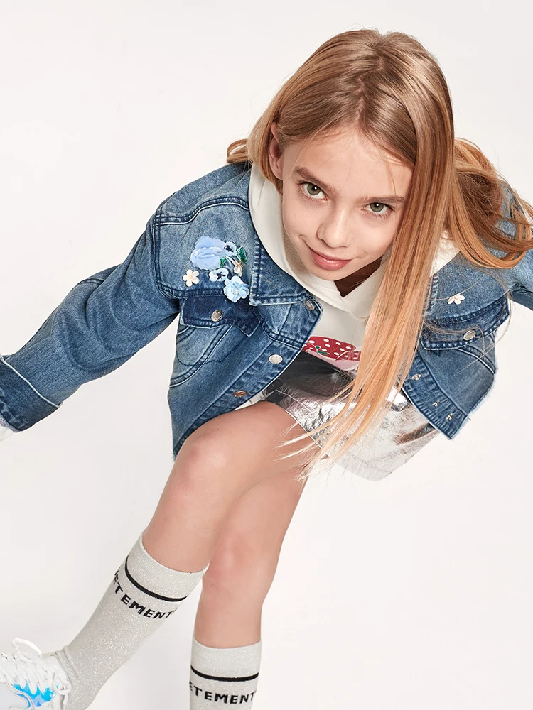 Balabala Girls Denim Jacket with Collar Fashion Jeans Raw-edge Hem Children Teenager Spring Clothes | Детская одежда и обувь