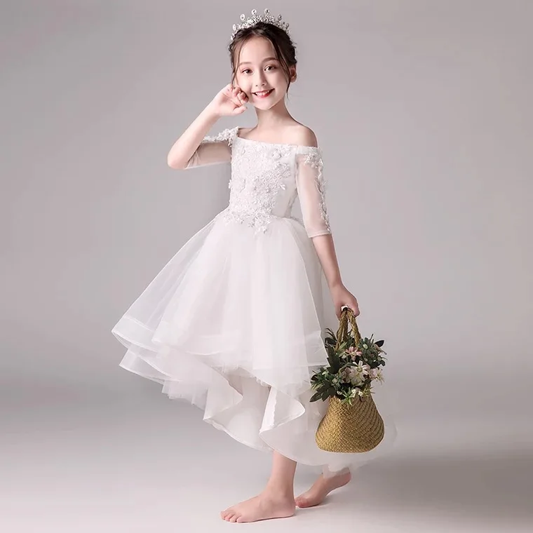 White Boat Neck Short Front Long Back Flower Girl Dress New Off Shoulder Girls for Wedding Vestido Primera Comunion 2019 | Свадьбы и