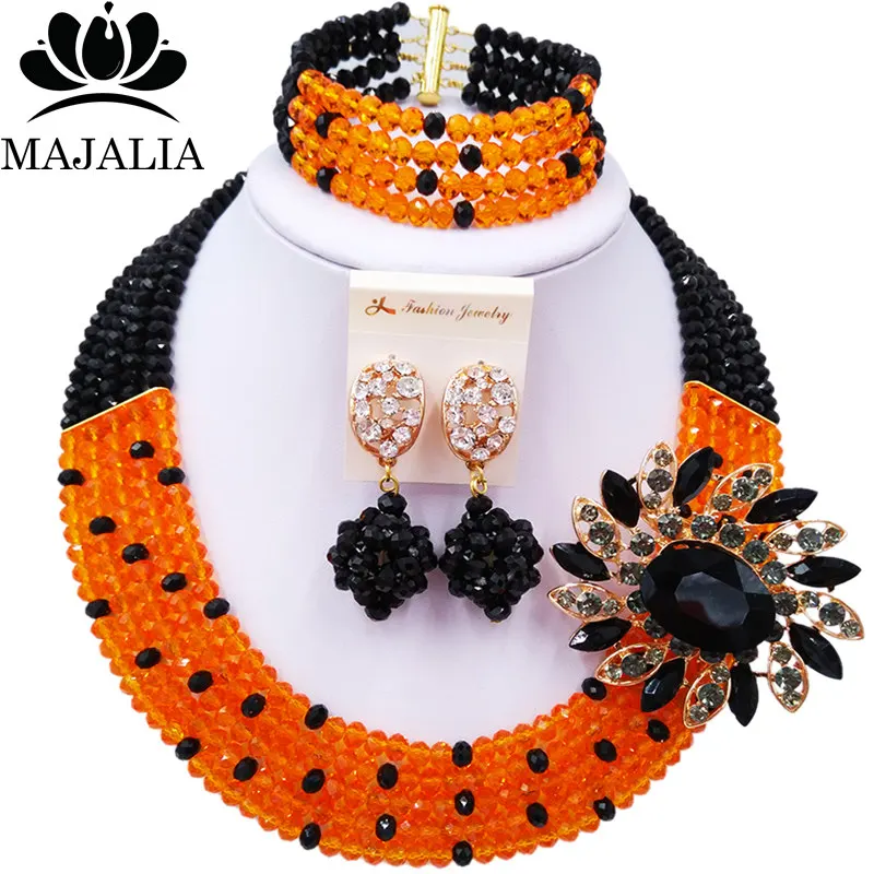 

Majalia Romantic African Jewelery Set Orange black Crystal Beads Bride Jewelry Nigerian Wedding Jewelry Sets 5CC0026