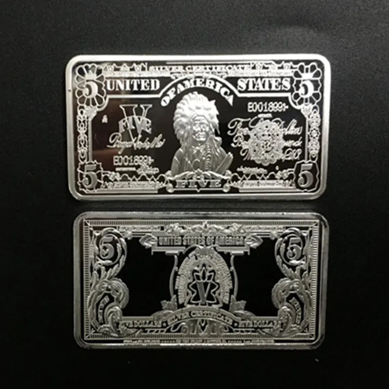 5 pcs The united states five dollars bullion silver plated bar banknote souvenir decoration coin
5 pcs The united states five dollars bullion silver plated bar banknote souvenir decoration coin