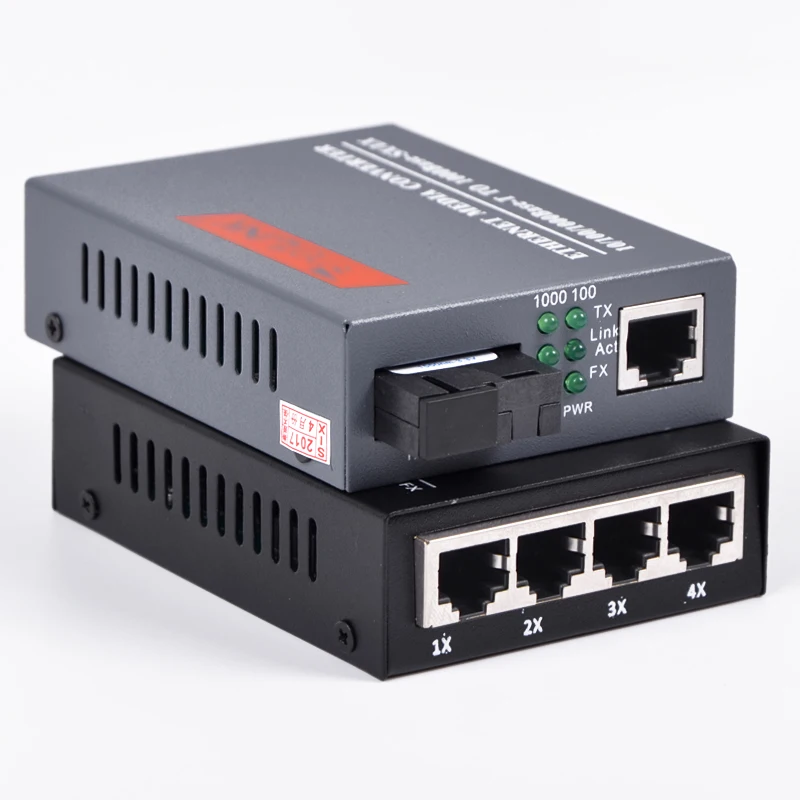 1 пара 10/100/1000 Мбит/с гигабитный Ethernet медиаконвертер порт RJ45 SC + 4 порта одномодовое