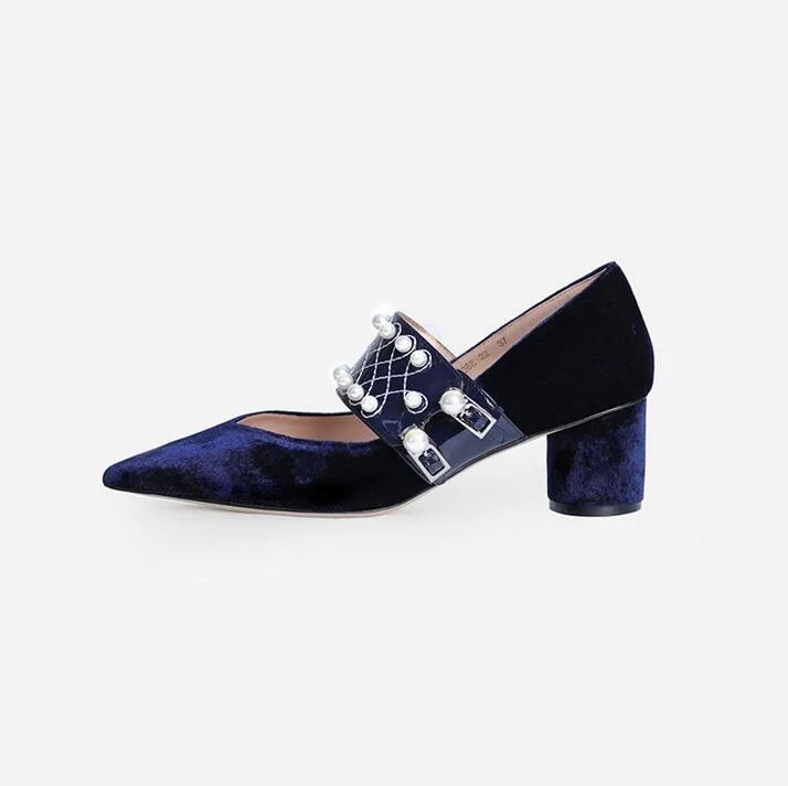 Women Shallow Pumps Office Pointed Toe White Pearl Decor Square Heel Shoes Pumps Blue Velvet Strap Buckle Ladies Dress Shoes
Women Shallow Pumps Office Pointed Toe White Pearl Decor Square Heel Shoes Pumps Blue Velvet Strap Buckle Ladies Dress Shoes