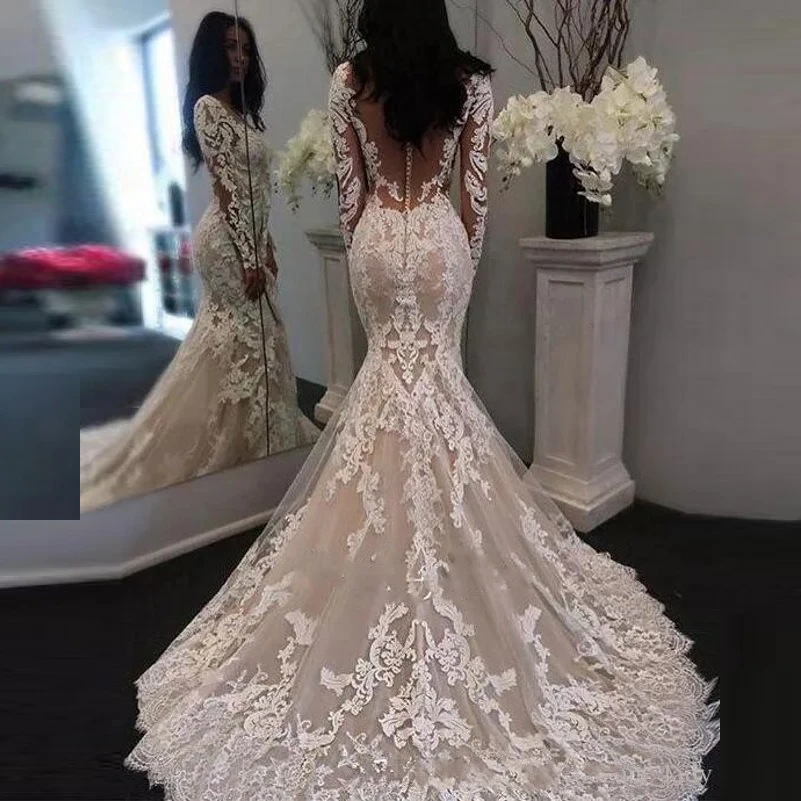 robe de mariee Illusion Long Sleeves Lace Mermaid Wedding Dresses Tulle Applique Romantic Wedding Bridal Gowns With Buttons
robe de mariee Illusion Long Sleeves Lace Mermaid Wedding Dresses Tulle Applique Romantic Wedding Bridal Gowns With Buttons