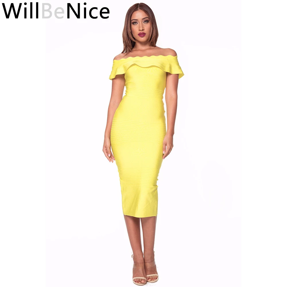 Женское длинное облегающее платье WillBeNice желтое Клубное с открытыми плечами
