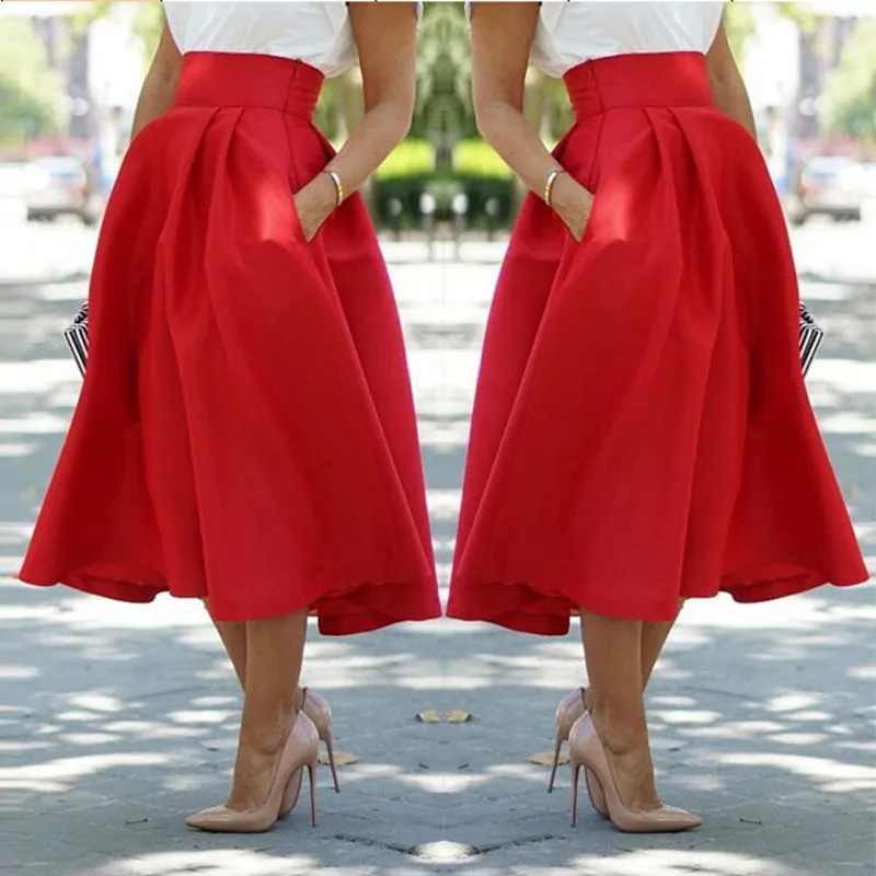 Summer Long Skirt Women Fashion High Waist Saia Red Maxi Solid Color Ball Gown Plus size jupe femme | Женская одежда