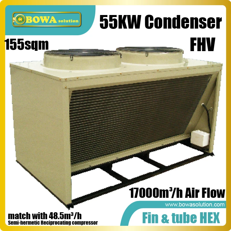 55KW box type condenser with V-shape coil matches with 48.5m3/h displacement semi-hermetic compressors for chiller or blast room
55KW box type condenser with V-shape coil matches with 48.5m3/h displacement semi-hermetic compressors for chiller or blast room