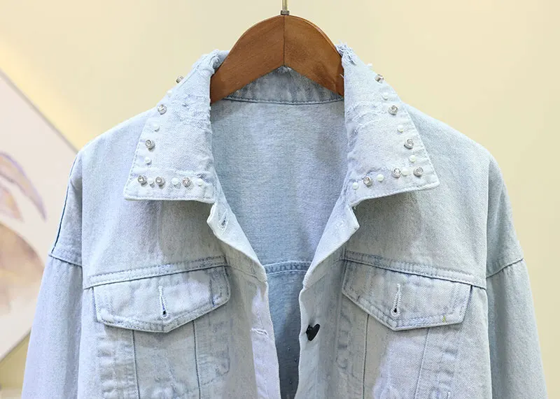 2019 Autumn Denim Coat For Women Loose Beading Jacket Button Hole Cool Cropped Tops Streetwear | Женская одежда