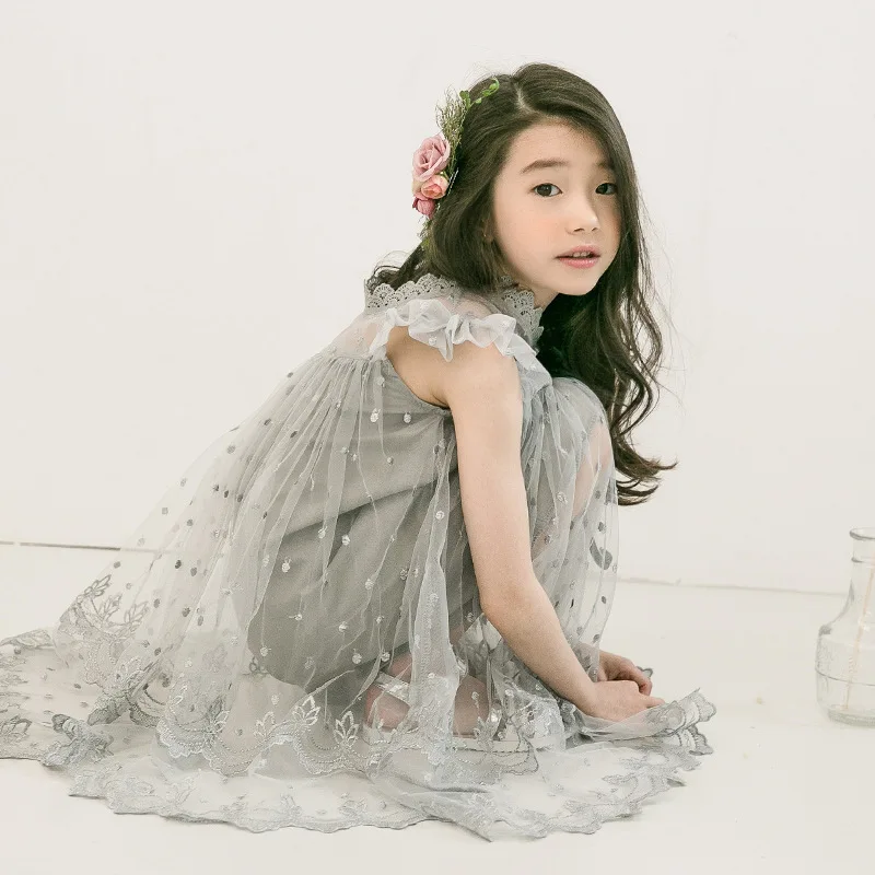 Платье для маленькой девочки Сетчатое свободное с рукавами-фонариками из тюля 2018