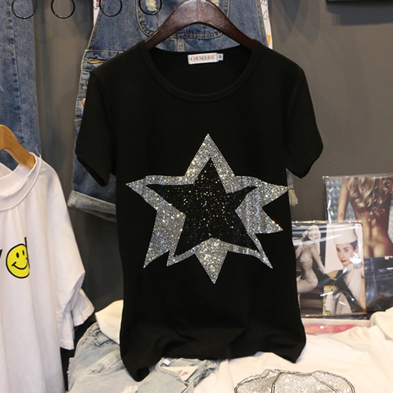 Women Diamond Stars Design T Shirt Cotton Ladies Black Color Shinning Skull Trendy Style Rhinestone Short Sleeve Top Tees Clothe
Women Diamond Stars Design T Shirt Cotton Ladies Black Color Shinning Skull Trendy Style Rhinestone Short Sleeve Top Tees Clothe