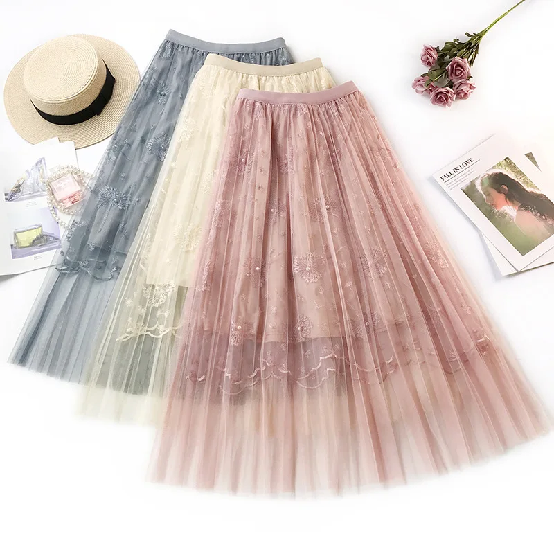 Floral Embroidery Pleated Skirt High Quality Beading Lace Mesh Skirt Women Elegant Tulle Long Skirt Summer Woemn pleated Skirt
Floral Embroidery Pleated Skirt High Quality Beading Lace Mesh Skirt Women Elegant Tulle Long Skirt Summer Woemn pleated Skirt