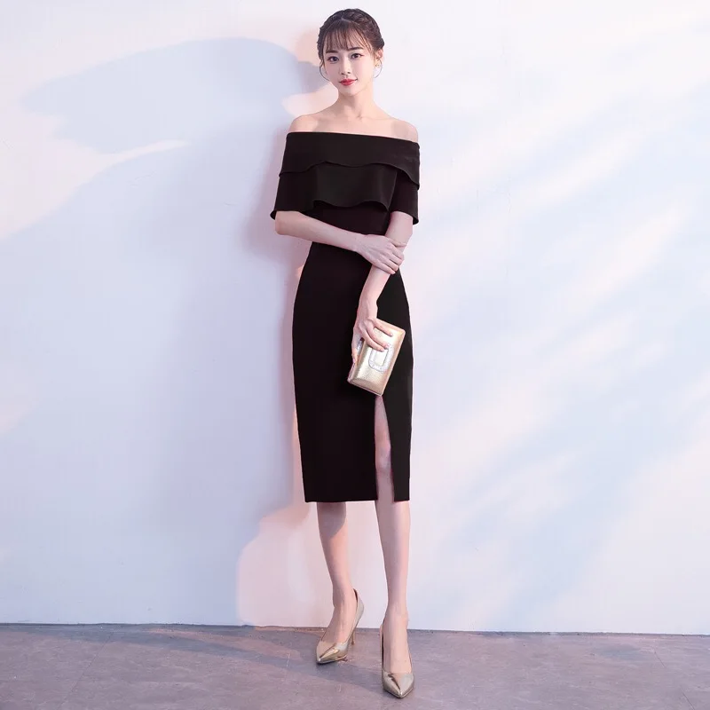 D099 off the shoulder ruffles neck mid-calf length red summer dress