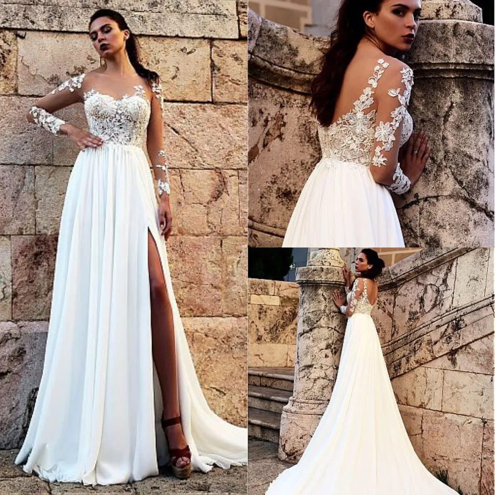 

Attractive Chiffon Sheer Jewel Neckline Wedding Dress Lace Appliques Slit A-line Bridal Gowns Custom Made Vestidos de novia