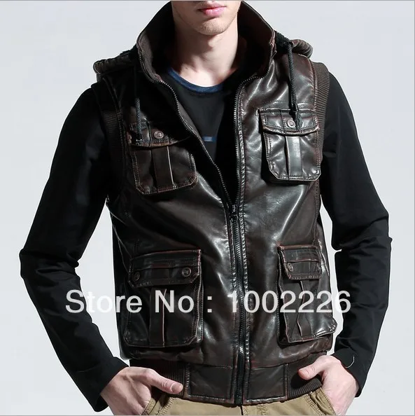 2013 casual vest men PU leather Multiple pockets 3 colors brown black coffee plus XXXL Free shipping | Мужская одежда