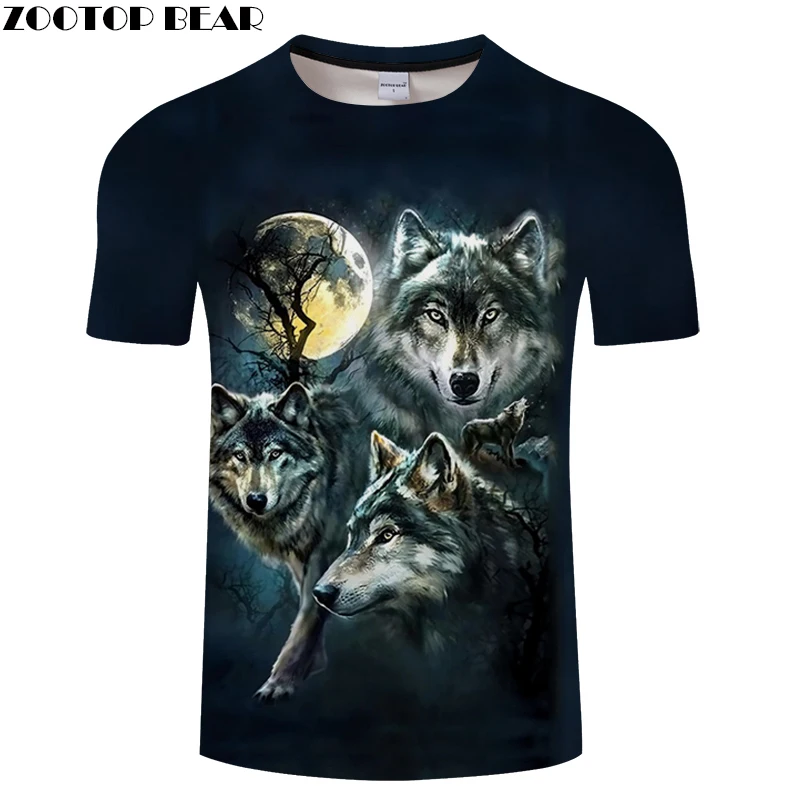 Фото Черная футболка с волком Мужская аниме 3D топ Harajuku Camiseta Streatwear короткий рукав