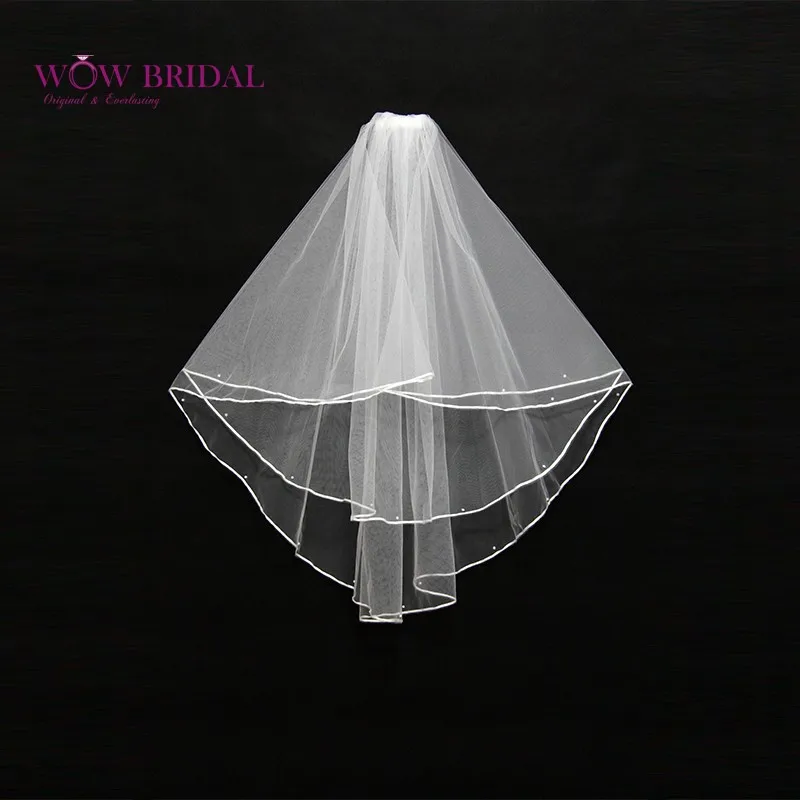 Wowbridal Изящные Белые Невесты Свадебная Фата 2016 Двухслойной Ленты Край Кристалл