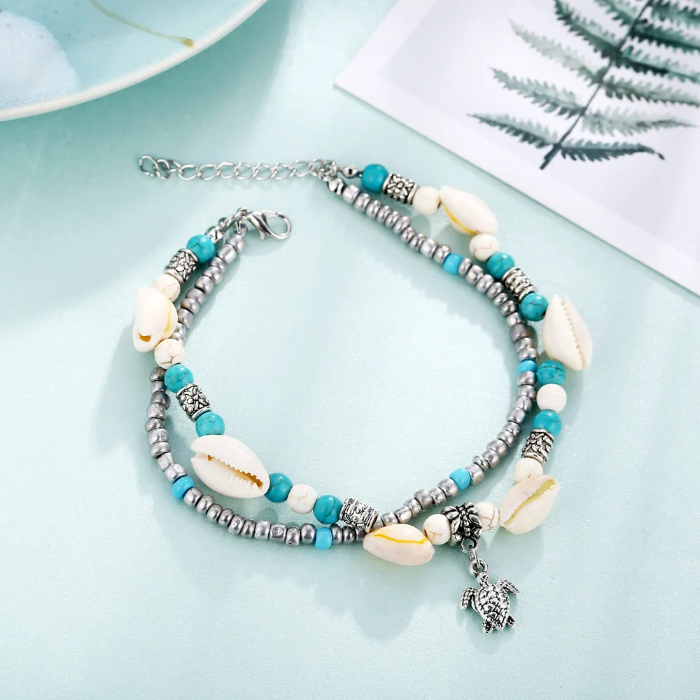2019Bohemia Natural Shell Beaded Anklets Set Chic Tortoise Pendant Double Layer Anklet Bracelet Barefoot Foot Jewelry For Women | Украшения