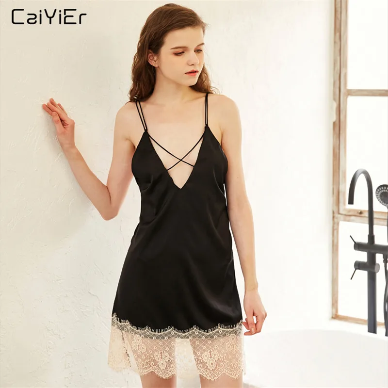Caiyier кружевное сексуальное женское белье Ночная рубашка шелковое атласное с v