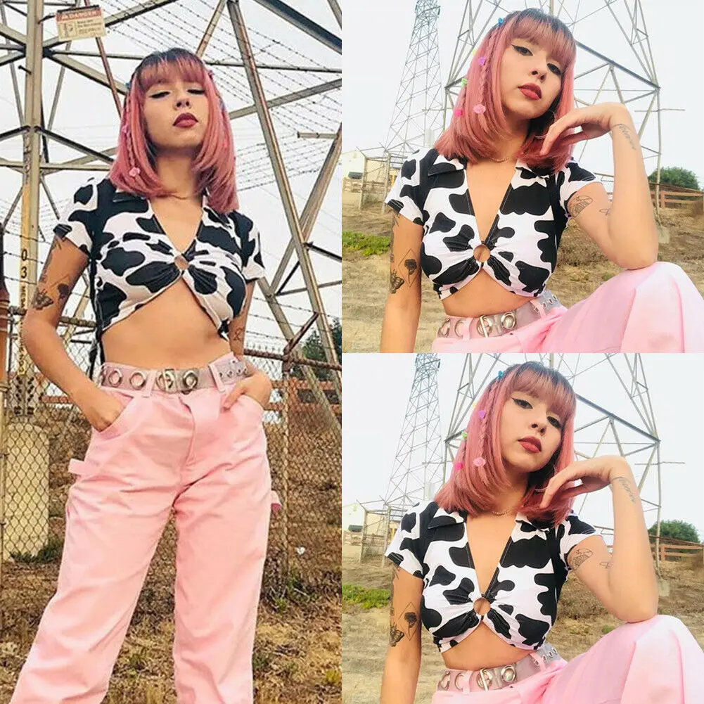 2019 Fashion Womens Ladies Crop Tops Ring Knot Front Flared Sleeve Blouse Sexy Low Cup Plunge Neck Cow color Crop Top Clubwear
2019 Fashion Womens Ladies Crop Tops Ring Knot Front Flared Sleeve Blouse Sexy Low Cup Plunge Neck Cow color Crop Top Clubwear