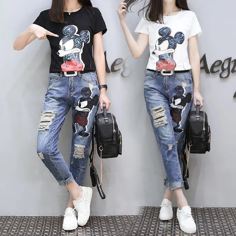 2018 Summer Fashion Two piece set Cartoon rabbit Sequins Short o-neck T shirt + hole jeans thin fashion 2 piece set women 175
2018 Summer Fashion Two piece set Cartoon rabbit Sequins Short o-neck T shirt + hole jeans thin fashion 2 piece set women 175