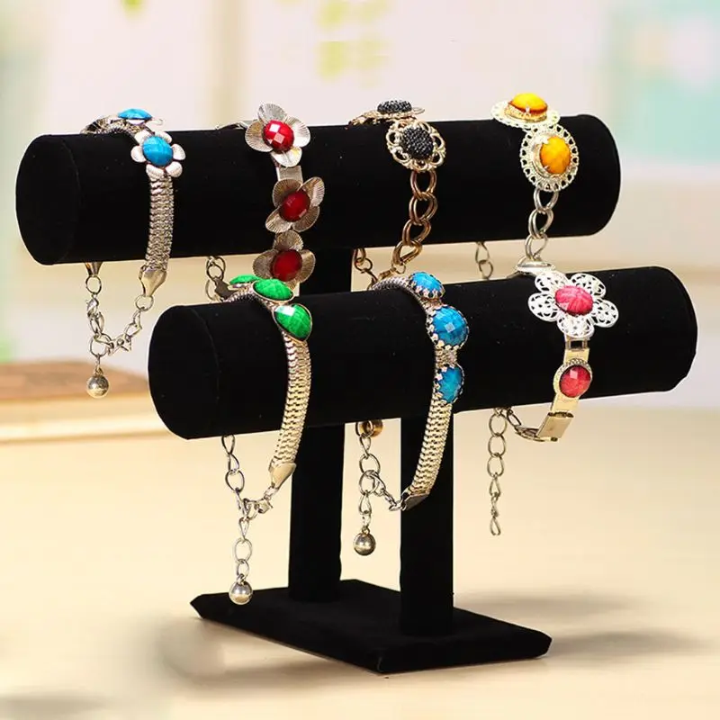 2 Tiers Black Velvet Hovering T-Bar Bracelet Necklace Jewelry Display Stand