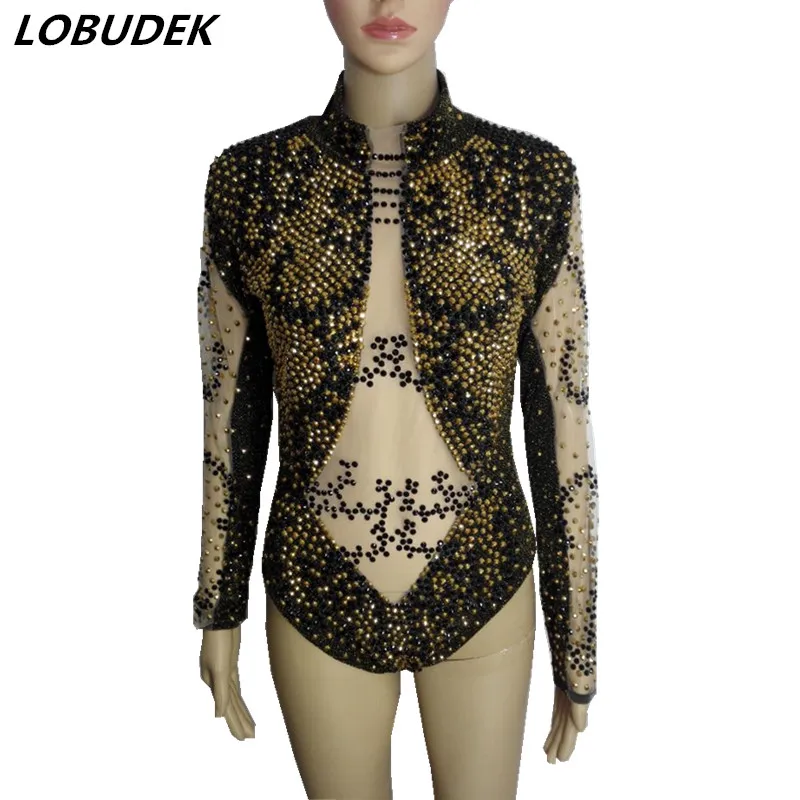 Nightclub Bar DJ Gogo Costume Gold Rhinestones Transparent Bodysuit Stage Nightclub Pole Dancing Tights Latin Dance Leotard
Nightclub Bar DJ Gogo Costume Gold Rhinestones Transparent Bodysuit Stage Nightclub Pole Dancing Tights Latin Dance Leotard