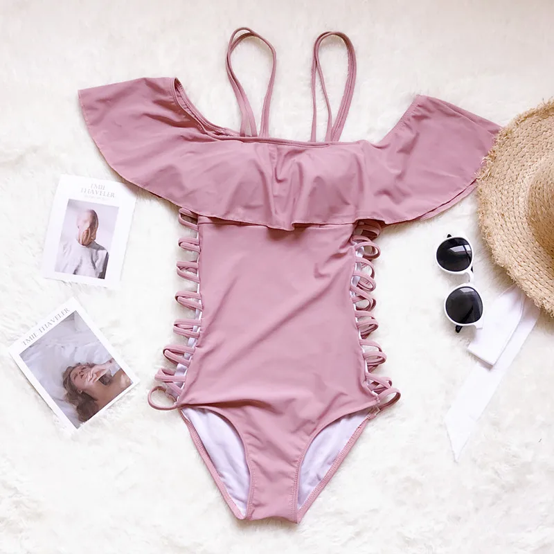 PINK WIND 2017 Retro Violet Purple Ruffled Off Shoulder One Piece Swimsuit Side Bandage One-piece Bathing Suit Swimwear Women | Спорт и