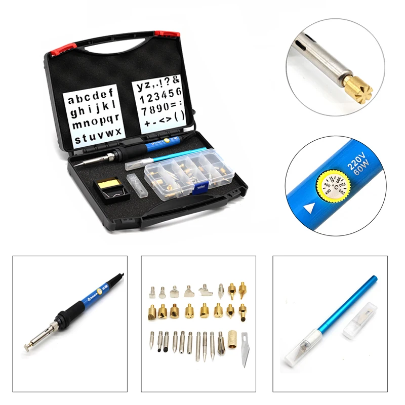 Thermoregulator Soldering Iron Wood Carving Embossing Burning Pyrography Pen Tool and Soldering Tips Blade Stand Kit
Thermoregulator Soldering Iron Wood Carving Embossing Burning Pyrography Pen Tool and Soldering Tips Blade Stand Kit