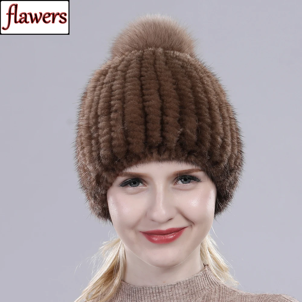 

2023 Hot Sale Real Mink Fur Hat Women Winter Knitted Mink Fur Beanies Cap With Fox Fur Pom Poms Handmade New Thick Female Cap